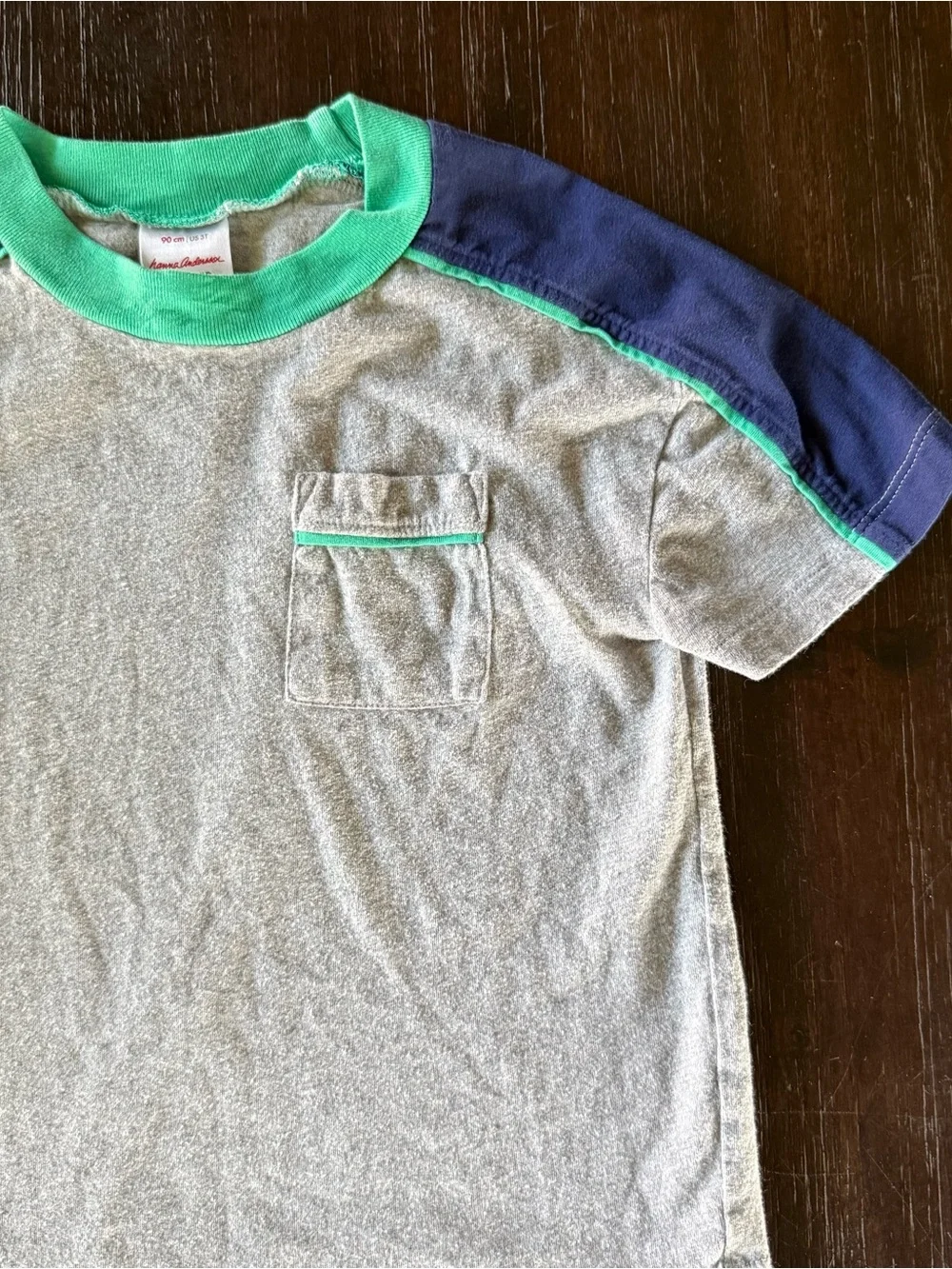 Hanna Andersson Grey Tee with Navy Shoulders and Bright Green Trim